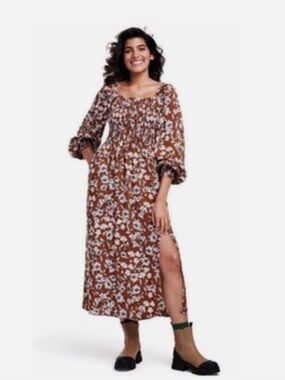 2/$15: La Ligne Brown Floral Square-Neck Midi Dress
